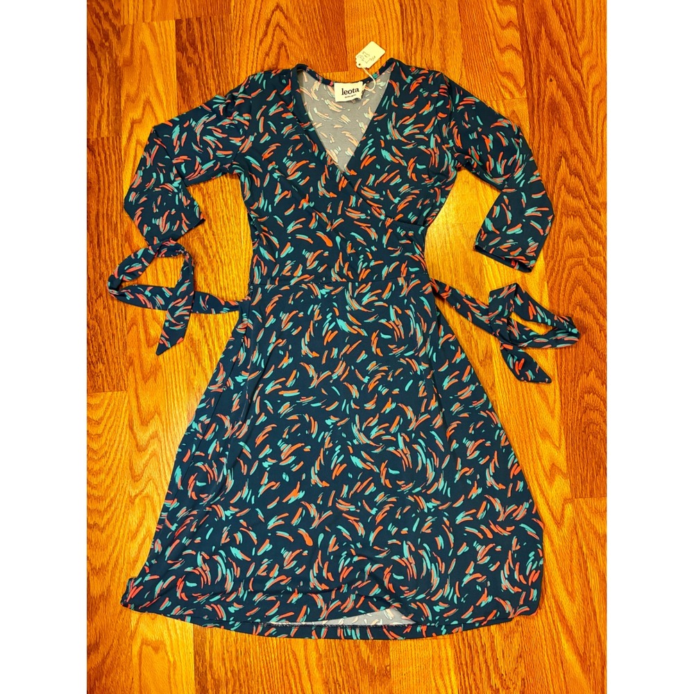 Leota Faux Wrap Dress Artsy Brushstroke Print 3/4 Sleeve XS Blue Teal Orange
